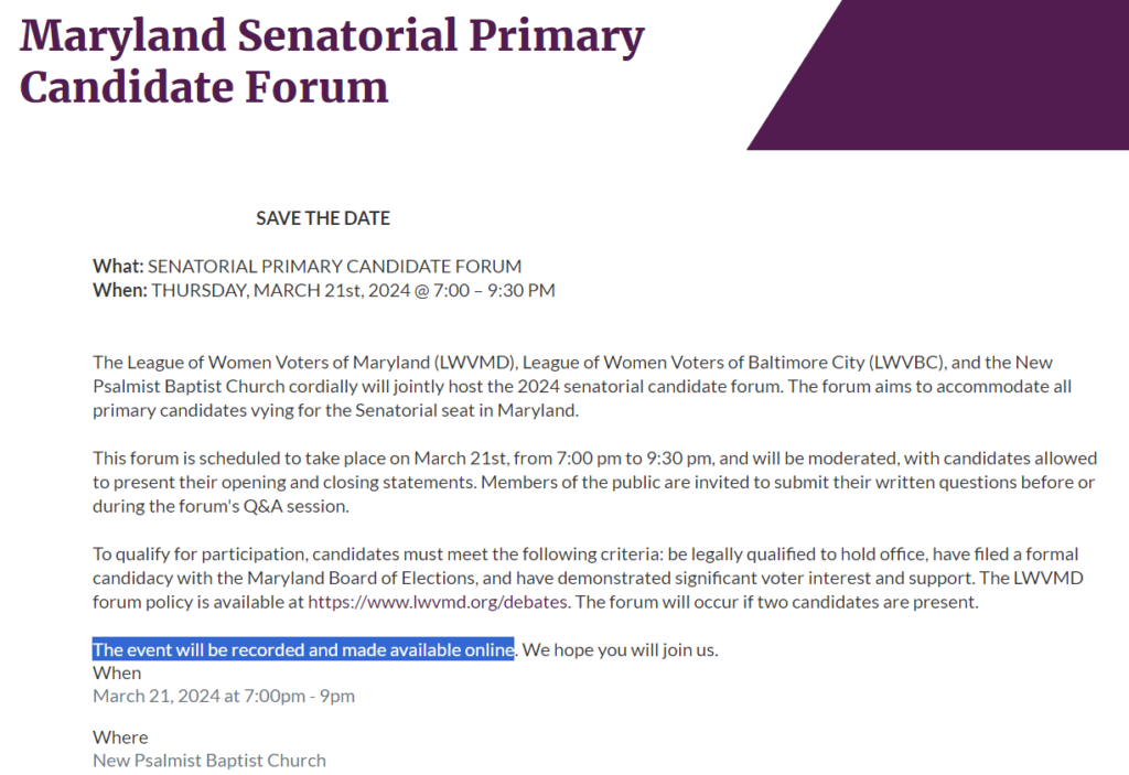 LVW BC Baltimore bipartisan U.S. Senate debate information